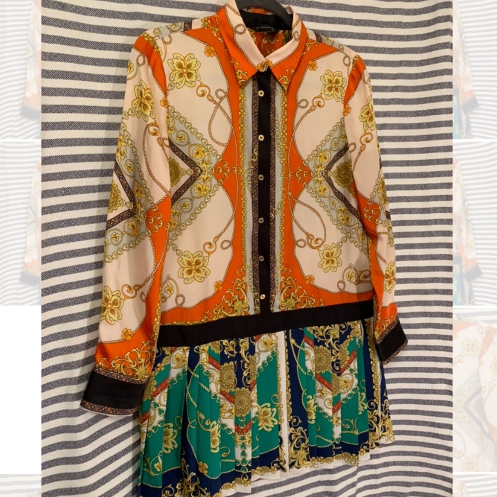 Zara Scarf Print Dress Pleated Chain Shirt Skirt